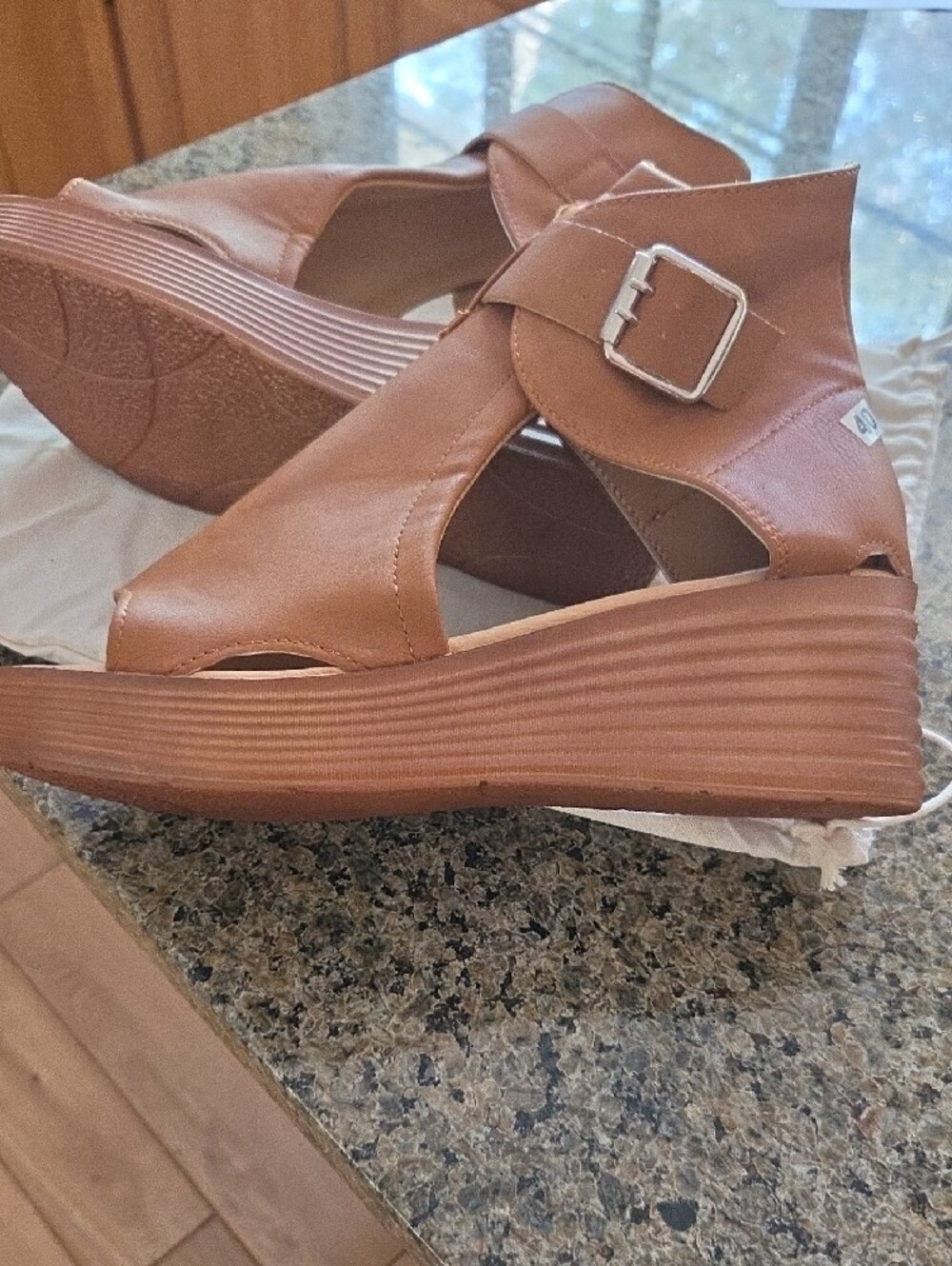 Gerry Weber Tan Wedge Peep-Toe Sandal with Buckle